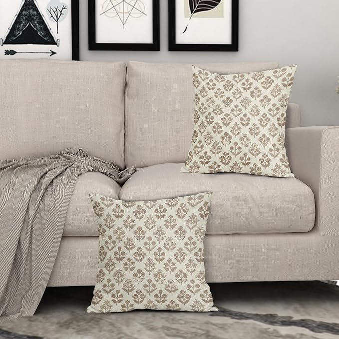 Brown Floral Pillow Covers 22x22 Inch Set of 2, Vintage Flower Block Print Pattern Decorative Throw Pillowcases Outdoor Farmhouse Cushion Covers Spring Summer Rustic Sofa Couch Bed Decor