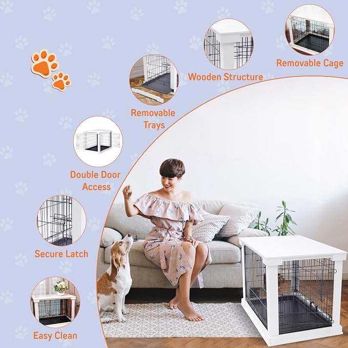 Zoovilla Large Slide Aside Dog Crate and End Table Furniture Indoor Use, Dog Kennel with Sturdy Wooden Material with Sliding Door, Decorative Wooden Pet Crate and End Table, for Large Dogs, White