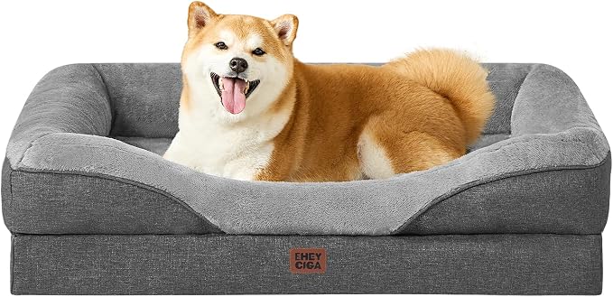 EHEYCIGA Orthopedic Dog Bed for Large Dog, Memory Foam Dog Couch, Grey | 36x27 Inch Large Sized Dog Sofa with Sides, Waterproof Liner & Washable Removable Cover, Bolster Pet Couch