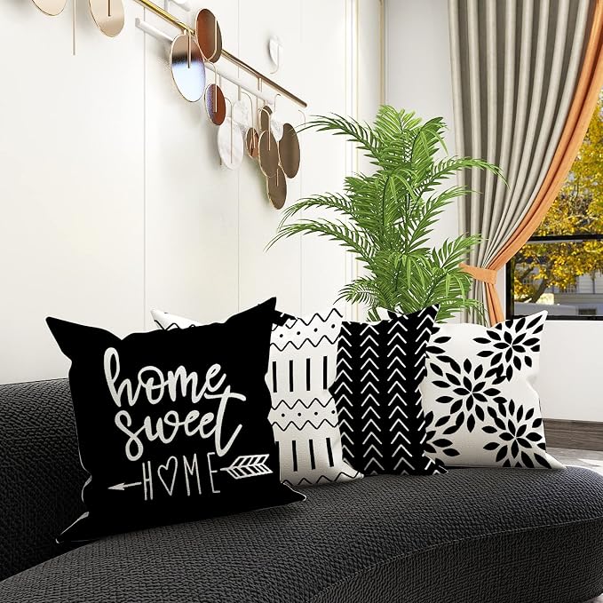 YCOLL Pillow Covers 22x22 Set of 4, Modern Sofa Throw Pillow Cover, Decorative Outdoor Linen Fabric Pillow Case for Couch Bed Car, Black
