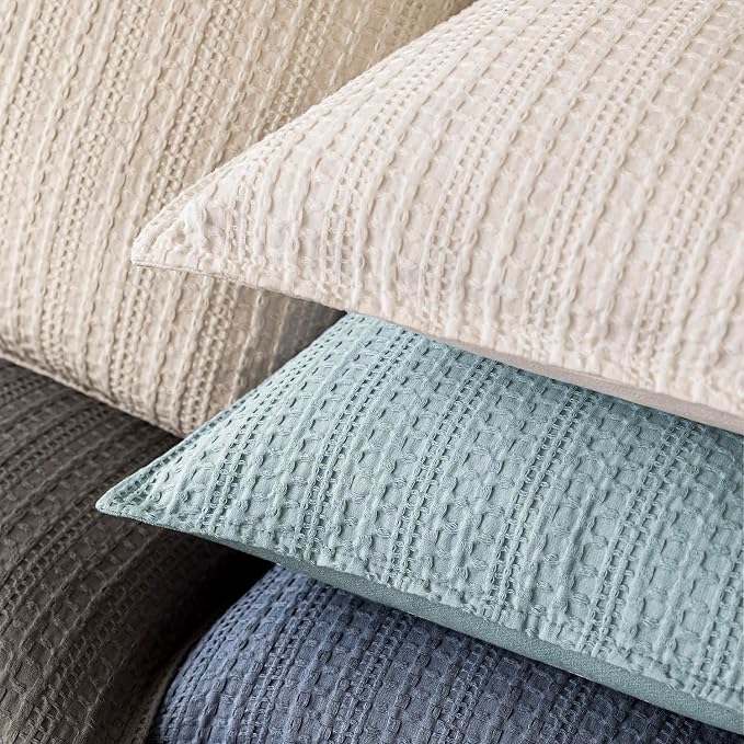 Foindtower Set of 2 Decorative Cotton Waffle Weave Throw Pillow Covers Euro Shams Cushion Covers Accent European Pillowcase for Bed Couch Sofa Bedroom Living Room Home Decor 24×24 Inch Light Blue