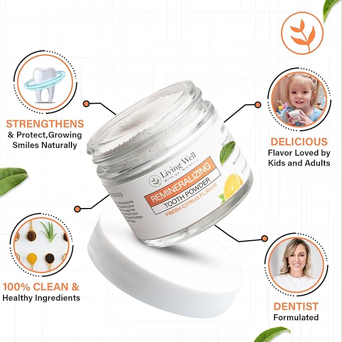 Living Well with Dr. Michelle Fresh Citrus Remineralizing Tooth Powder | Fluoride-Free Kids & Adults Formula | Hydroxyapatite for Enamel Support | Natural Ingredients for Stronger Smiles