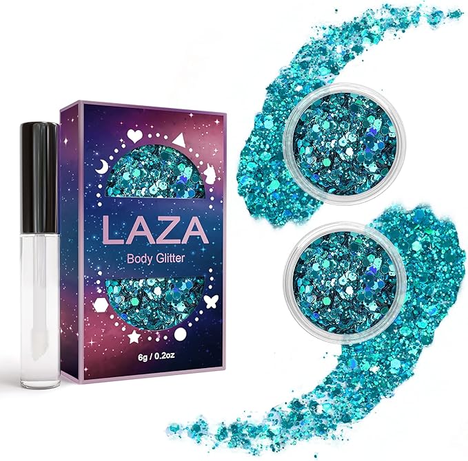 Laza Body Glitter, 2 Jars Holographic Chunky Sequins with Glitter Glue Perfect for Women Eyeshadow Makeup Face Paint Festival Rave Outfits Hair Accessories Carnival Party Costumes - Cyan Blue