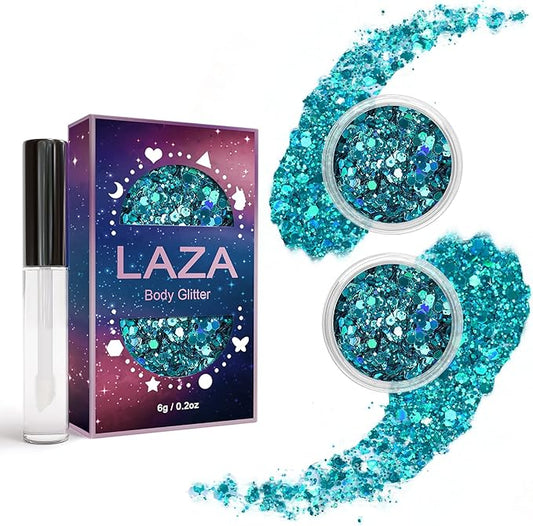 Laza Body Glitter, 2 Jars Holographic Chunky Sequins with Glitter Glue Perfect for Women Eyeshadow Makeup Face Paint Festival Rave Outfits Hair Accessories Carnival Party Costumes - Cyan Blue