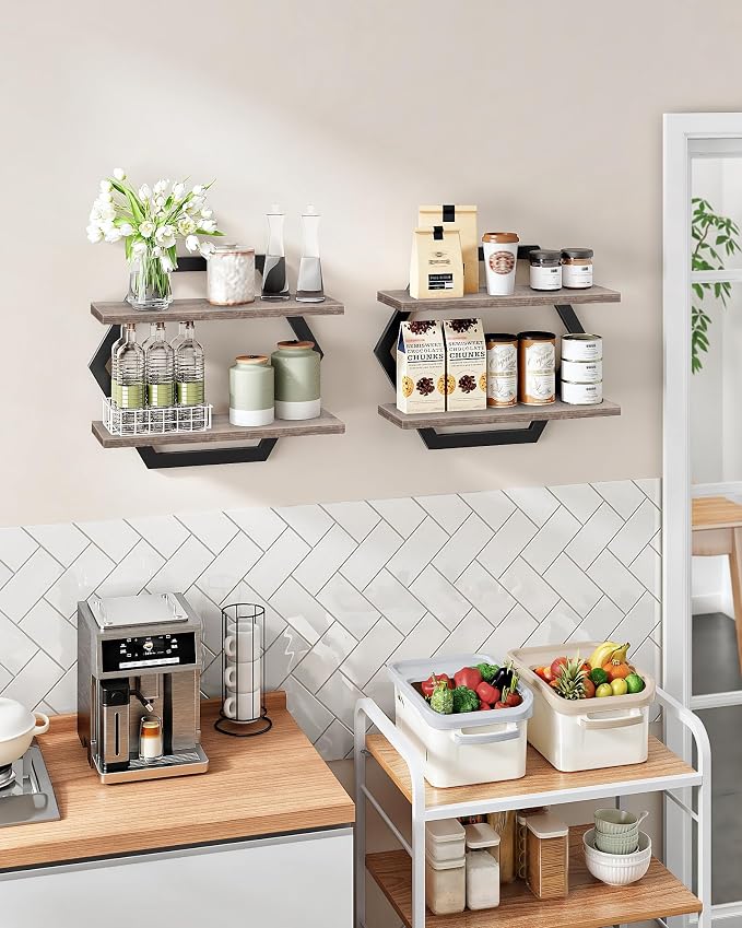 Hexagon Floating Shelves for Wall, Set of 2, 2 -Tier Hanging Shelves, Wall Mounted Storage Shelves, for Living Room, Bedroom, Kitchen, Home Office, Study, Greige TBJ06P2BG
