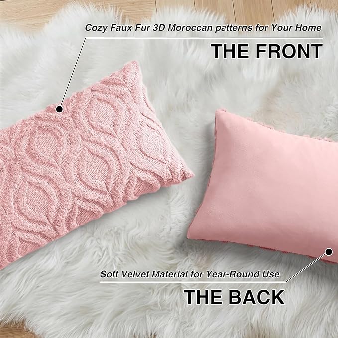 decorUhome Faux Fur Plush Soft Pink Throw Pillow Covers 12x20 Set of 2 | Plush Solid Fall Couch Pillow Covers, Accent Modern Farmhouse Neutral Decorative Square Pillow Cases for Sofa Bed Living Room