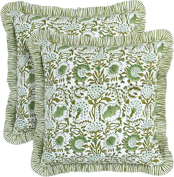 CPC Block Print Ruffle Throw Cover Agate Green 16"x16" Inch Pack of 2-100% Cotton Ruffle Couch Decorative Boho Pillows Case for Living Room, Bedroom, Sofa, Farmhouse Gift for Spring, Mother's Day
