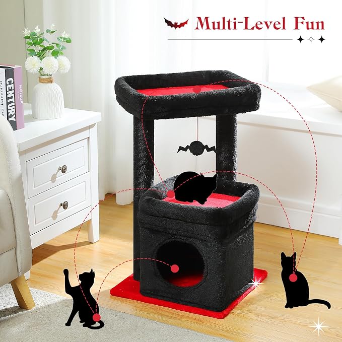 PEQULTI Indoor Cat Tree Tower Small Cats, Sisal Post & Cozy Condo, Black | Private soft cat condo, soft top perch, natural sisal scratch posts, plush pom-pom toy for indoor kitties