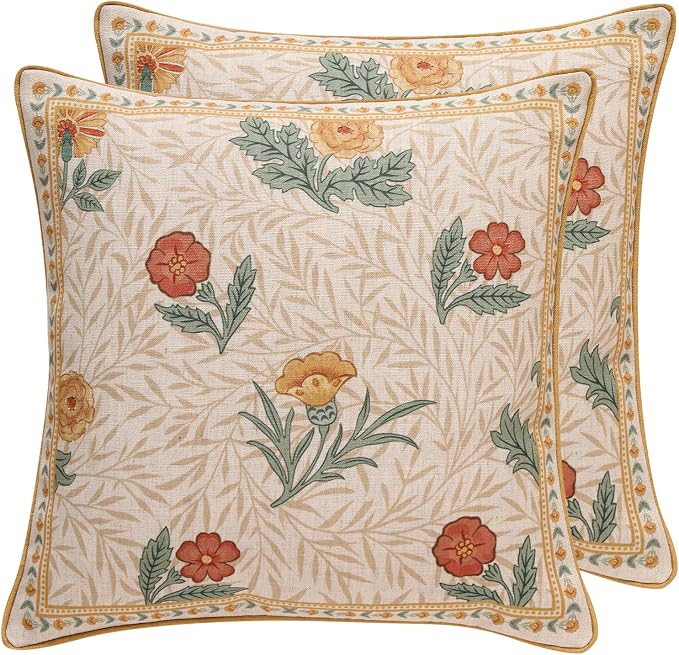 patdrea Vintage Linen Throw Pillow Cover,18"x18",Set of 2-RosaSilvestre A | French Decorative Pillow Case with Zipper,Yellow Floral Pattern,Cushion Coverfor Couch Living Room Bedroom