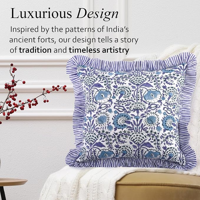 CPC Indigo Blue Ruffle Throw Pillow Covers for Couch, 24x24 Inch Cotton Stripe Ruffle Couch Pillows for Living Room, Hidden 20 Inch Zipper Boho Pillow Case or Cute Outdoor Pillows
