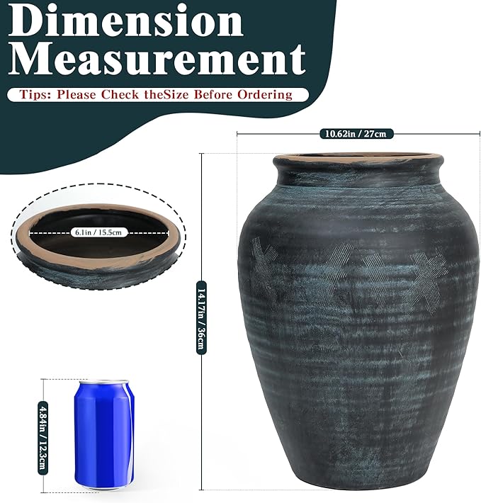14.17" Blue Ceramic Vase, Rustic Farmhouse Living Room Home Decor | Artisan Handcrafted Large Ceramic Vase