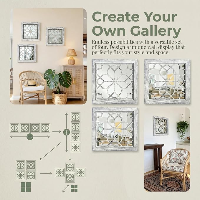 Set of 2 14 Inch Square Grey Window Pane Wall Mirrors, Shatterproof Rustic Farmhouse Boho Vintage Accent Mirrors for Living Room Bedroom Bathroom Entryway