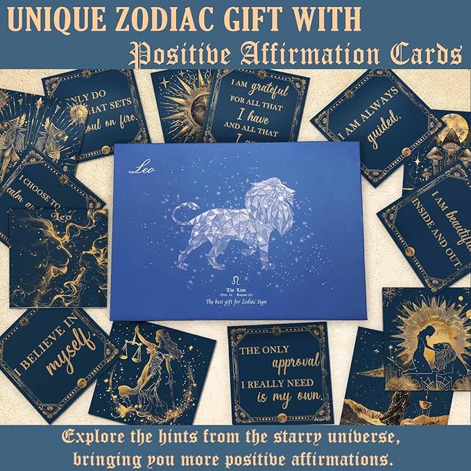 Faivykyd Leo Crystals Gift for Women, 6 Leo Zodiac Healing Stones w/ 50 Miracle Mantras Affirmation Cards, Spiritual Gifts for Positive Energy, Self-Care, Love & Wealth