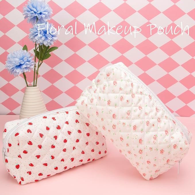 PAZIMIIK Small Quilted Makeup Bag,Zipper Cosmetic Pouch,Gauze Rose | Lightweight Cosmetic Bag Organizer for Women,Purse Storage Holds Makeup,Toiletries,Skincare,Beauty Essentials,Travel Items