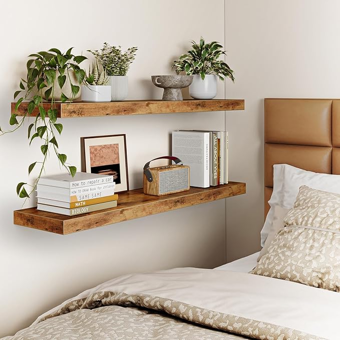 Fixwal Floating Wall Shelves for Decor (Rustic Brown, Set of 2, 35.4Inch) | MDF Shelf with Metal Brackets, Space Saving for Books , Decor, Fits Bathroom, Kitchen, Bedroom, or Office