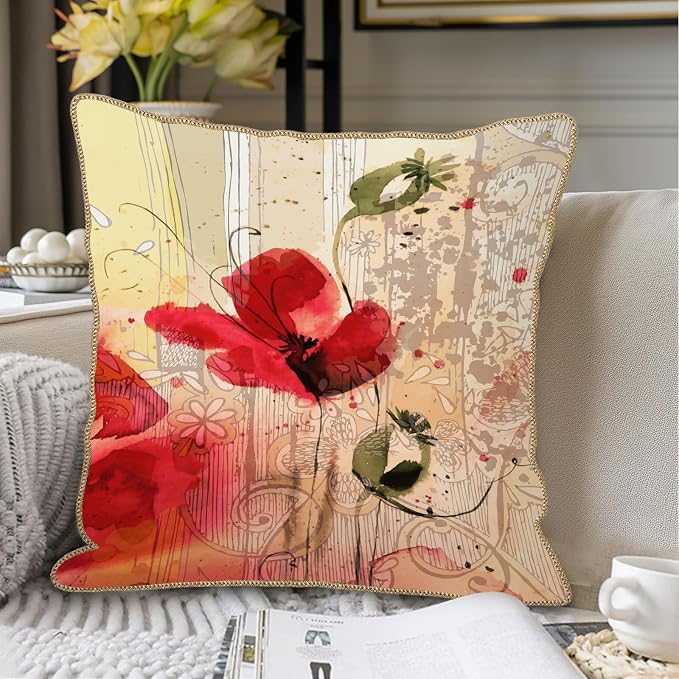 KSLIDS Red Poppy Flower Soft Velvet Throw Pillow Covers Set of 2 Watercolor Art Flower Decorative Pillow Covers 18x18 Inch Retro Beige Pillow Case for Sofa Couch Living Room Farmhouse Home Decor