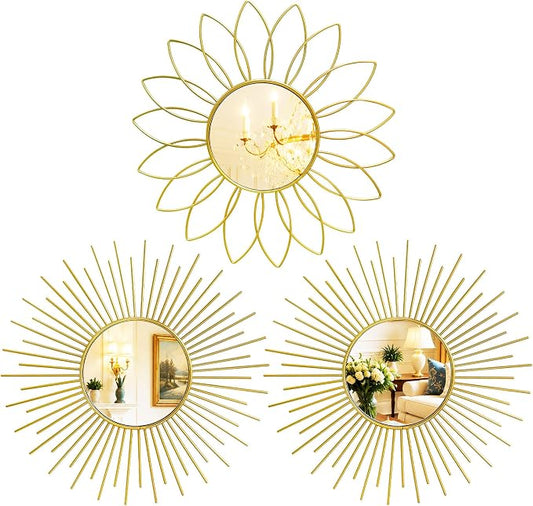 3 Pack Metal Mirrors for Wall Sunburst Wall Mirrors Home Décor Decorative Hanging Wall Art for Living Room Bedroom Entryway (Gold2, Flower+Sunburst)