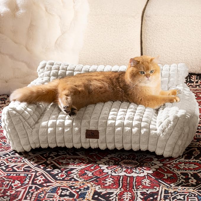 Cat Couch Bed with Fluffy Faux Rabbit Fur for Indoor Cats, 30 Inch | Cute Fuzzy Cat Sofa Recliner With Washable Cover, Suppportive Cozy Pets Couch in 3D Diamond Pattern, Off White