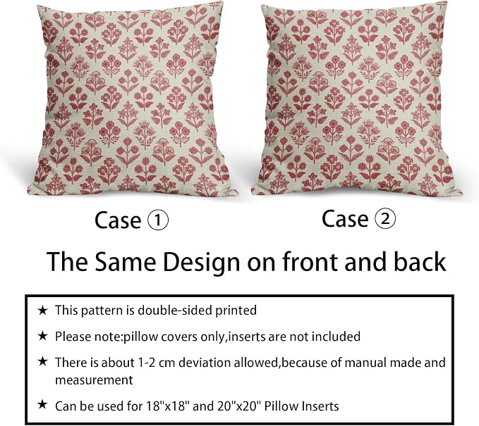Red Pink Floral Block Print Pillow Covers 18x18 Inch Set of 2, Vintage Flower Pattern Decorative Throw Pillowcases Outdoor Farmhouse Cushion Covers Spring Summer Rustic Sofa Couch Bed Decor