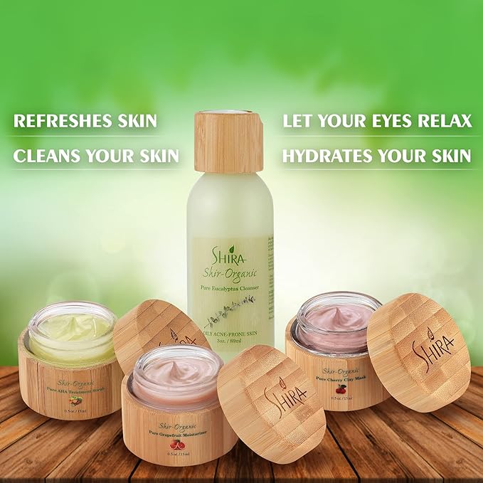 Shira Organic – Facial Cleansers Combo, Eucalyptus Cleanser -89ml, Aha Treatment Scrub 15ml , Cherry Clay Mask 15ml , Grapefruit Moisturizer 15ml