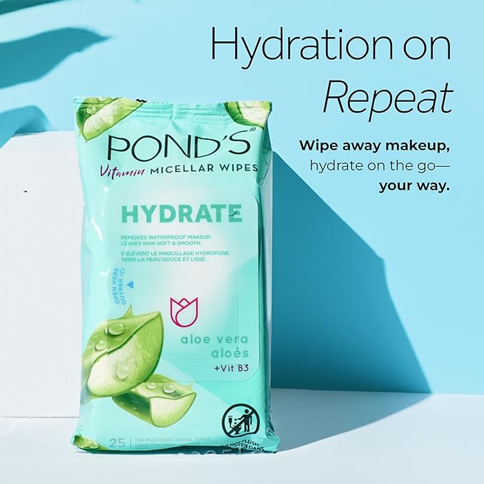 POND’S Micellar Makeup Remover Wipes, Removes Waterproof Mascara, with Aloe Vera & Vitamin B3, Alcohol-Free Facial Cleansing Wipes for Dry Skin, 25 Count