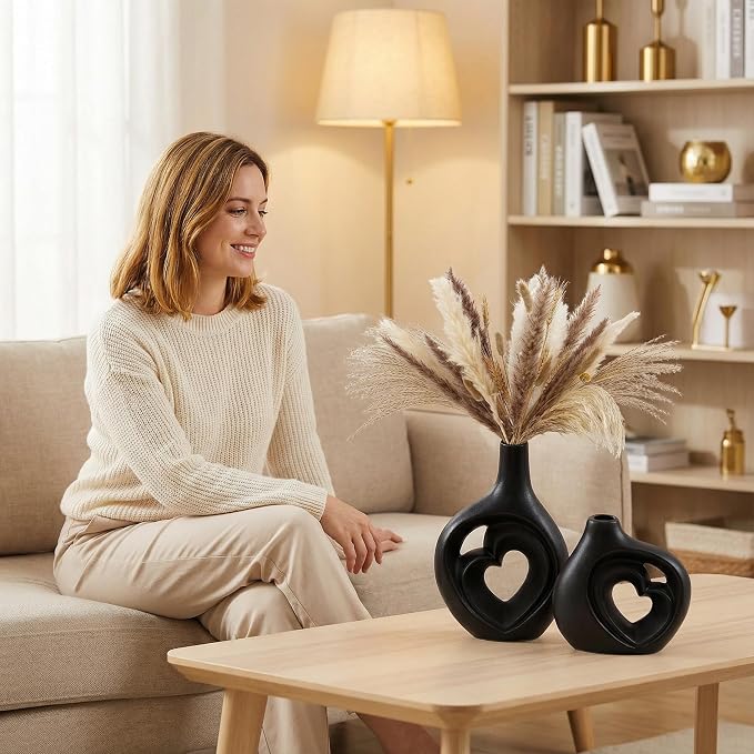 Matte Black Heart Shaped Hollow Ceramic Vase Set of 2 | Modern Minimalism Styles, Mid Century Nordic Aesthetic, Home Table Decor, 8.5in