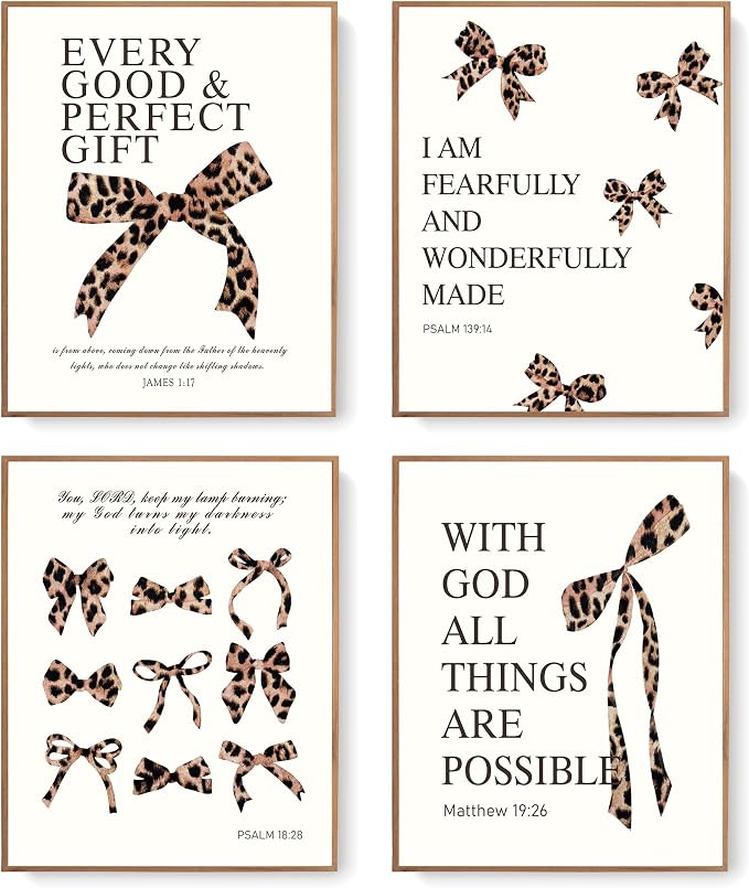 LARTSFRO Coquette Leopard Bow Wall Art Decor Posters, Y2K Cheetah Print Room Decor Aesthetic Bible Verses Inspirational Wall Art for Teen Girls Bedroom Dorm Bathroom, 10x8 Inch Set of 4 Pcs Cheetah Bow Pictures (UNFRAMED)
