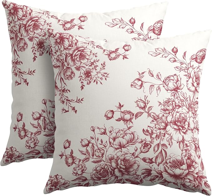 Kawani Chinoiserie Floral Throw Pillow Covers 18x18 Set of 2, Vintage Rose Pink White Flowers Square Pillowcase Cotton Linen Cushion Case for Couch Sofa Bedroom Living Room Outdoor Decor