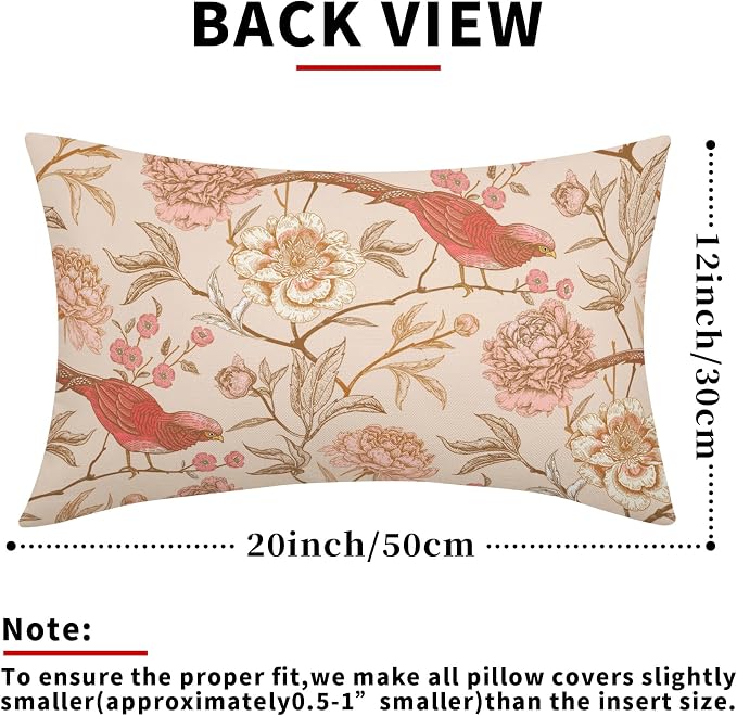 Pink White Roses Floral Lumbar Pillow Covers 12X20 Inch Set of 2Retro Flowers Birds Leaves Decorative Pillow Cases Art Vintage Cotton Linen Cushion Case Home Decor for Sofa Couch Porch Outdoor