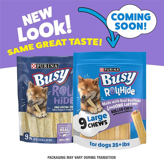 Purina Busy Rawhide Small/Medium Breed Dog Bones, Rollhide | Basted beefhide exterior with a savory middle and no artificial colors or flavors, long lasting chew that helps clean teeth