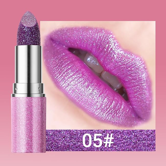 Erinde Glitter Shine Lipstick, Pearl Diamond Shimmery Creamy Lipcolor, Hydrating Glimmer Finish Lipsticks with Creamy Texture, Long Lasting High Pigmented Metallic Lip Stick Lip Stain,05 Mystic Purple