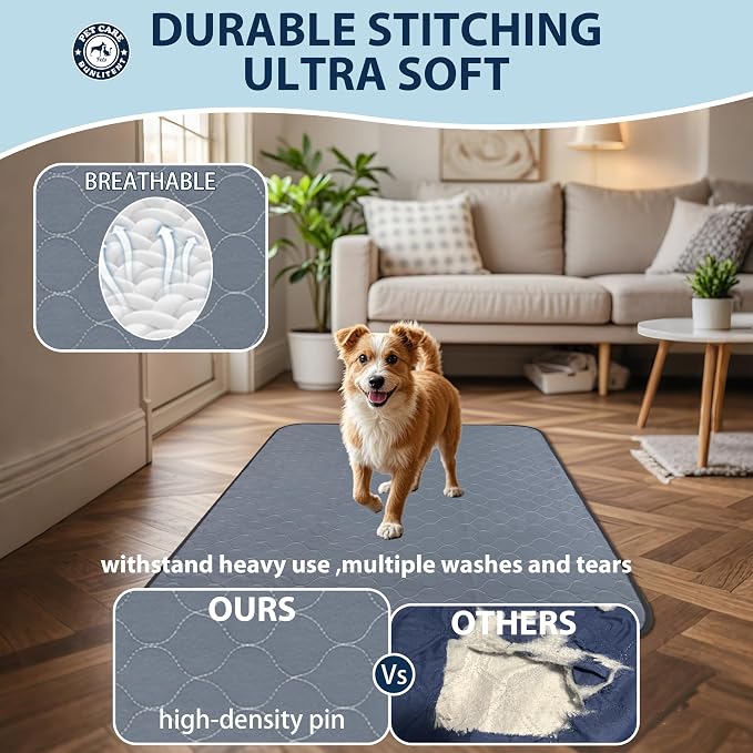 Bunlitent Reusable Puppy Pads 48" x 65", 3 Pack, Grey, Whelping pad | Reusable, Fast Absorbent, Waterproof, Non-Slip, For Whelping, Training, Incontinence & Potty