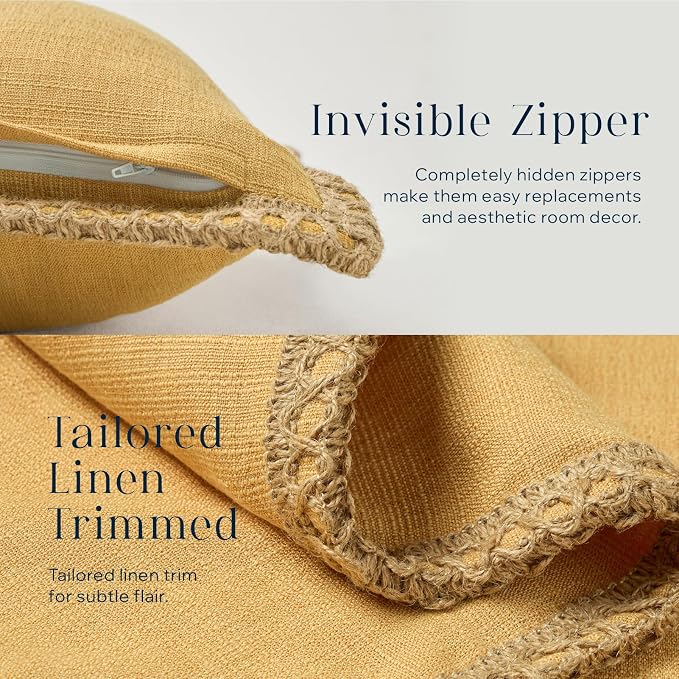 Phantoscope Pack of 2 Farmhouse Decorative Throw Decorative Pillow Cover Burlap Linen Trimmed Tailored Edges, Mustard Yellow, 12 x 20 inches, 30 x 50 cm