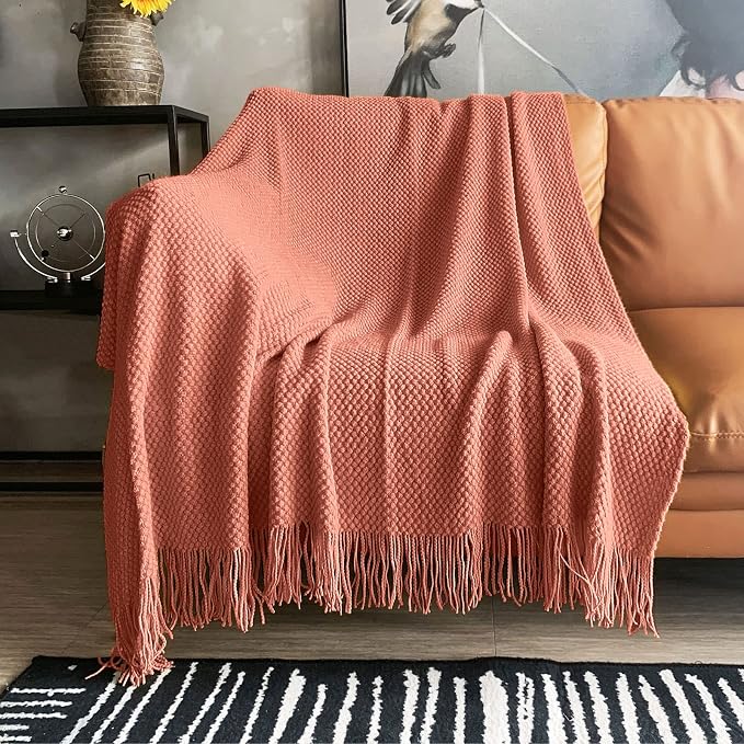 LOMAO Knitted Throw Blanket with Tassels Bubble Textured Lightweight Throws for Couch Cover Home Decor (Coral, 50x60)