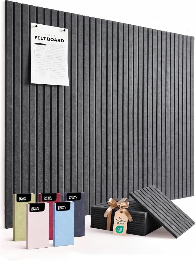 Large Felt Bulletin Board 48 x 36 Inch - 12-Pack Square Acoustic Wall Panels, Cork Board Alternative, NRC 0.95, Damage-Free Adhesive, Slatted Design for Home, Classroom (Moonstone)