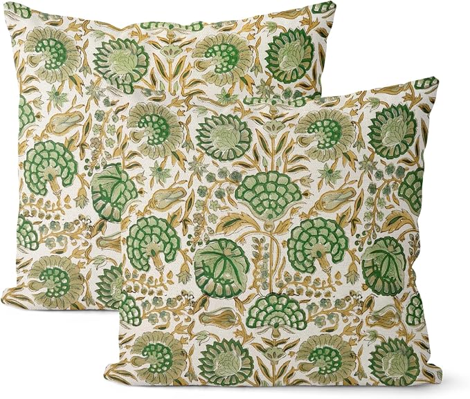 Block Print Pillow Covers 18x18 Inch Pack of 2 Boho Sage Green Yellow Floral Decor Throw Pillow Covers Spring Summer Flower Pillowcase Outdoor Farmhouse Decorative Cushion Cover for Home Sofa