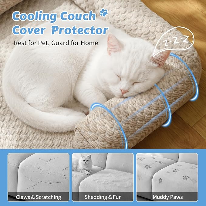 Cooling Pet Bed Mats with Neck & Head Support, 31.5 x 23.62 inch Khaki | for Small and Medium Dogs & Cats, Non-Slip, Machine Washable, Protects Sofa from Fur & Scratches