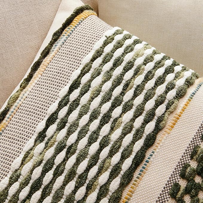 ANRODUO Boho Decorative Pillow Covers Olive Green Stripe 18x18 Pack of 1 | Throw Pillow Covers, Farmhouse Cushion Case, Chenille Pillow Cases, Pillow Covers, Accent Neutral Pillowcase for Couch Bed
