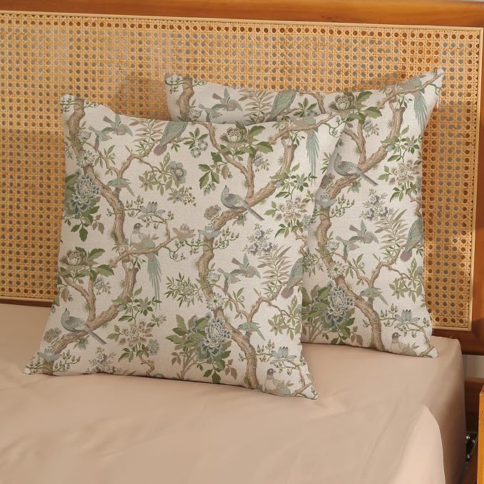 Green Floral Bird Pillow Covers 18x18 Set of 2 Chinoiserie Throw Pillows Green Vintage Flowers Bird Decorative Pillow Cases Outdoor Chinoiserie Decor Farmhouse Cushion Case for Couch Sofa