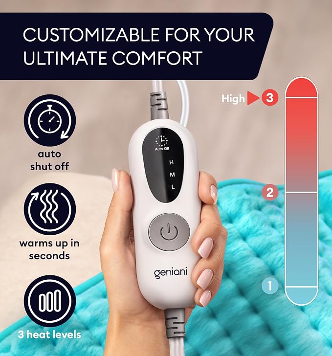 GENIANI Electric Heating Pad for Back Pain & Cramps Relief, Electric Throw, Self Care Gifts for Women, Heating Pad for Neck & Shoulder, Machine Washable Microplush, Auto Shut Off (12×24", Green)