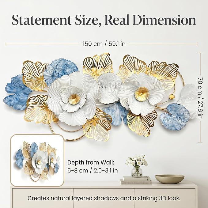 Axioglo 59" Large Wall Decor,3D Floral Metal Wall Art for Living Room | 59" x 27" metal wall decor with layered metal texture, mounting hardware, two-way display