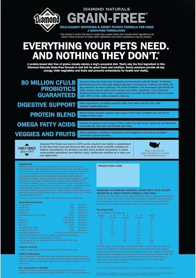 Diamond Naturals Grain-Free Dry Dog Food, Wild-Caught Whitefish, 28lb | Puppy, Adult & Senior Dogs | Wild-Caught Whitefish & Sweet Potatoes for All Day Energy | Guaranteed Probiotics