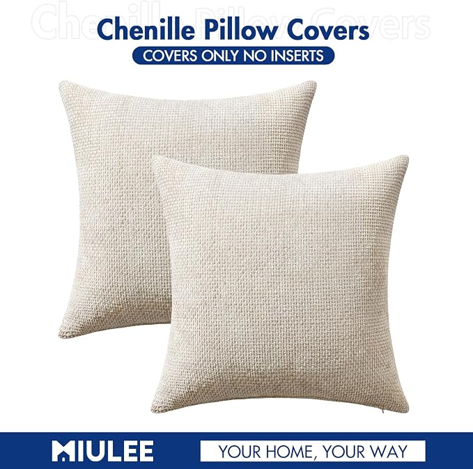 MIULEE Decorative Couch Throw Pillow Covers 18x18 Inch Neutral Beige 2 Pack | Modern Boho Accent, Soft Chenille Pillow Covers, Farmhouse Cushion Cases for Home Decor Bed Sofa Living Room