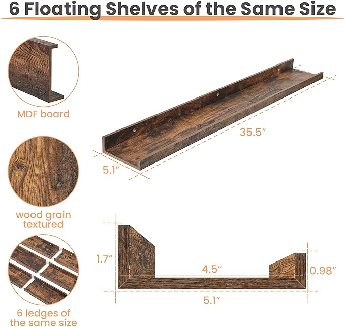 upsimples Floating Shelves for Wall Decor and Storage, Brown, 6Pcs 35.5'' | Wall Mounted Wood Shelves for Living Room, Bedroom, Kitchen, Office, Nursery Room, Coffee Bar Display and Organize