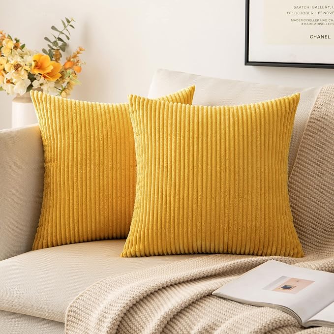 MIULEE Soft Corduroy Throw Pillow Covers Set of 2 20x20 Mustard Yellow | Decorative Striped Textured Cushion Cases, Boho Rustic Square Pillowcases, Home Decor for Couch Chair Sofa Bed Living Room