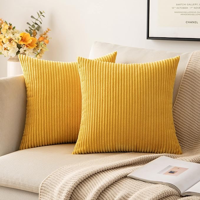 MIULEE Soft Corduroy Throw Pillow Covers Set of 2 18x18 Mustard Yellow | Decorative Striped Textured Cushion Cases, Boho Rustic Square Pillowcases, Home Decor for Couch Chair Sofa Bed Living Room