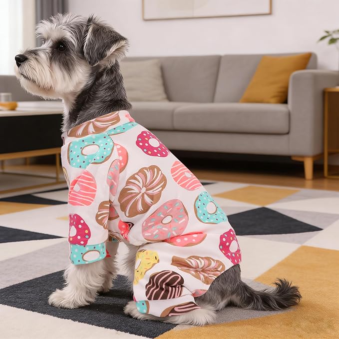 Dog Pajamas for Small Dogs 100% Cotton Puppy Pjs, Soft Dog Clothes with Colorful Donuts Pattern, Stretchy Comfy Pet Jammies Shirts, 4-Legs Pet Onesie for Chihuahua Yorkie, XXS