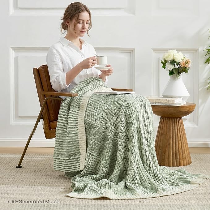 Premium Chenille Throw Blanket, Soft Cozy Luxury Two-Tone Knit Blanket for Couch, Sofa, Chair, Home Decor, Sage Green & Ivory 50"x60"