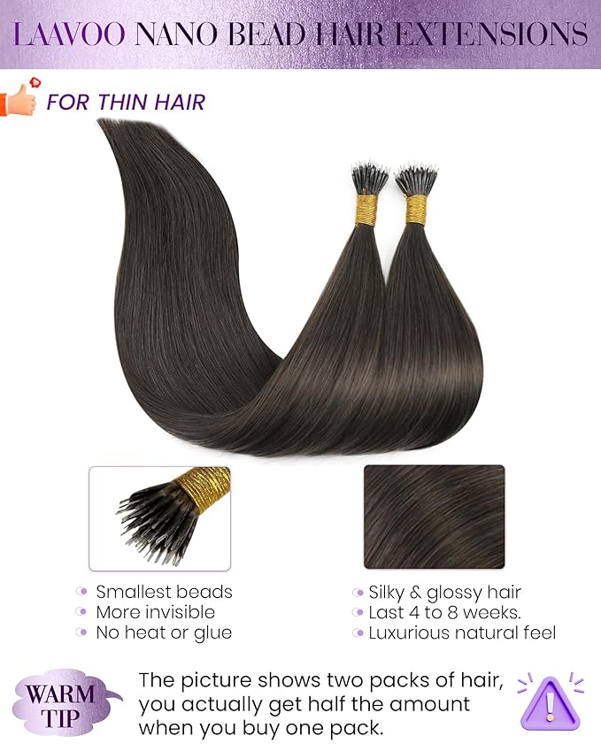 LaaVoo Nano Ring Hair Extensions Human Hair Mocha Brown Nano Extensions Human Hair Brown Nano Bead Hair Extension Silky Straight Hair 16 inch 50g 50s