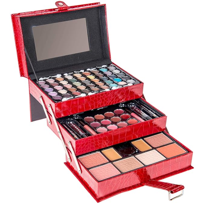 SHANY All In One Makeup Set, 67 Colors Eyeshadow, Blushes, Face Powder, Lipstick, Eye liners, Make up Pencils and Cosmetics Mirror - Makeup Kit With Reusable Beauty Organizer Train Case - Red
